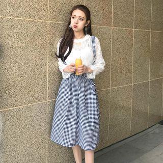 Heart Cutout Lace Long-sleeve Top / Gingham Midi Suspender Skirt