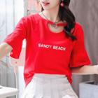 Bell-sleeve Lettering Keyhole T-shirt