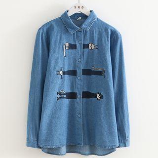 Long-sleeve Cat Print Denim Shirt Blue - One Size