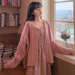 Floral Strappy Midi A-line Dress / Twist Knit Cardigan