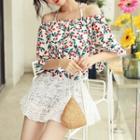 Set: Lace Trim Cherry Print Bikini Top + Swim Skirt + Elbow-sleeve Cover-up Top