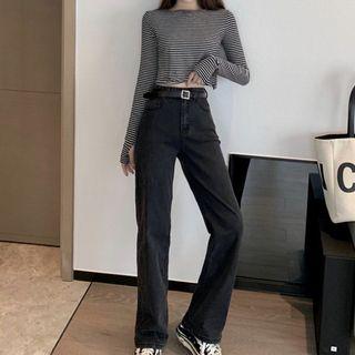 Long-sleeve Crop T-shirt / Wide Leg Jeans