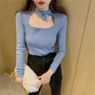Belted Neck Cutout Front Long-sleeve Top