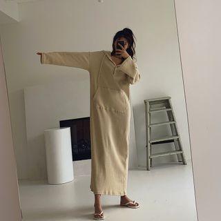 Henley-neck Kangaroo-pocket Maxi Hoodie Dress
