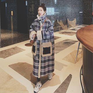 Plaid Fleece Panel Button-up Long Coat