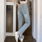 High Waist Fray Hem Straight Leg Jeans