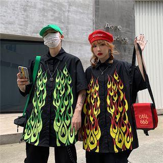 Couple Matching Fire Print Elbow-sleeve Shirt