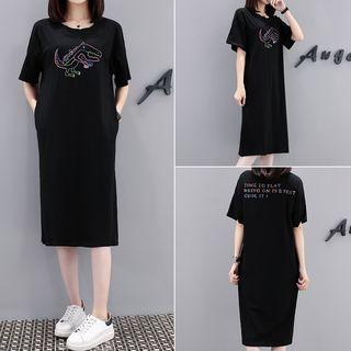 Short-sleeve Dinosaur Embroidered T-shirt Dress
