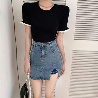 Short-sleeve Lace Trim Cutout Top Black - One Size