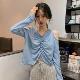 Long-sleeve Shirred Off-shoulder Top