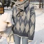 Round-neck Pattern Knit Top Gray - One Size