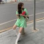 Set: Short-sleeve Plain T-shirt + Mini A-line Skirt T-shirt - Green - One Size / Skirt - Green - One Size