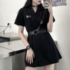 Set: Short-sleeve Double-breasted Mini Collared Dress + Harness Belt