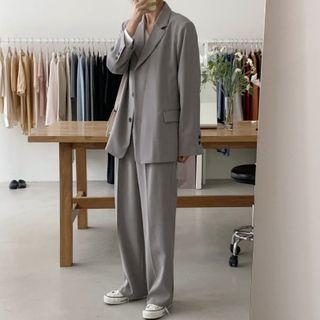 Single-breasted Plain Blazer / High-waist Wide-leg Pants