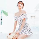 Cherry Printed Off-shoulder Pleated Swimdress