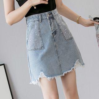 Frayed Hem Ripped Rhinestone A-line Mini Denim Skirt
