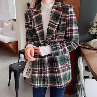 Tailored Tie-waist Plaid Jacket Green - One Size
