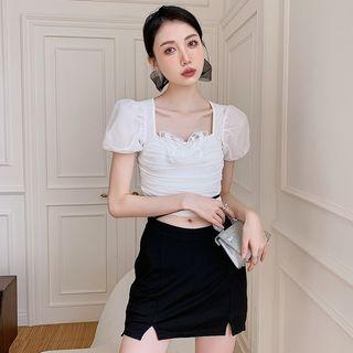 Short-sleeve Square-neck Butterfly Accent Crop Top / Mini Skirt