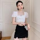 Short-sleeve Square-neck Butterfly Accent Crop Top / Mini Skirt