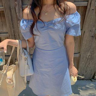 V-neck Short-sleeve A-line Dress Blue - One Size