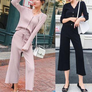 Set: Sweater + Cropped Knit Pants Mauve Pink - One Size