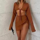 Set: Tie-front Long-sleeve Crop Top + Slit Mini Bodycon Skirt
