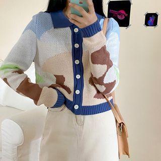 Collared Color Block Cropped Knit Cardigan Blue - One Size