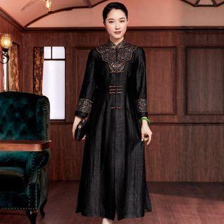 Mandarin Collar Embroidered Midi Coat