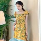 Short-sleeve Midi Floral A-line Dress Yellow - One Size