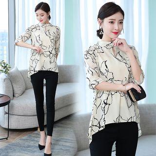Elbow-sleeve Print Chiffon Blouse