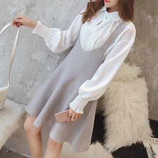 Set: Balloon-sleeve Shirt + Mini A-line Knit Pinafore Dress
