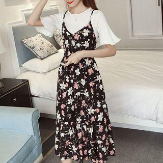 Set: Short-sleeve Top + Floral Strappy Midi Dress