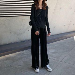 Wide-leg Velvet Pants / Plain Cardigan