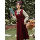 Corduroy Midi A-line Dress / Bow-neck Sweater / Set