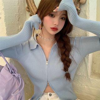 Collared Rib Knit Zip Cardigan