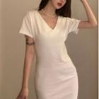 Short-sleeve Plain Sheath Dress White - One Size