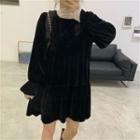 Plain Long-sleeve A-line Dress / Lace Top