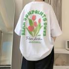 Elbow Sleeve Tulip Print Oversized T-shirt