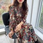 Floral Long-sleeve A-line Midi Dress Beige - One Size