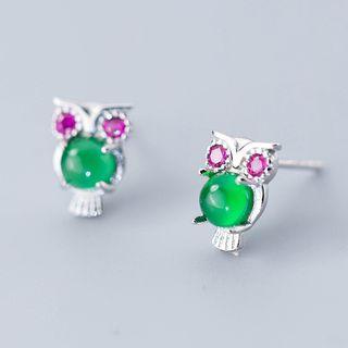 925 Sterling Silver Rhinestone Owl Earring 1 Pair - S925 Silver Stud - Rose Pink & Green - One Size