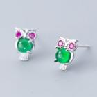 925 Sterling Silver Rhinestone Owl Earring 1 Pair - S925 Silver Stud - Rose Pink & Green - One Size