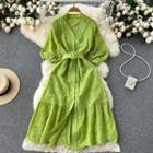 Puff-sleeve V-neck Embroidered Cutout Dress