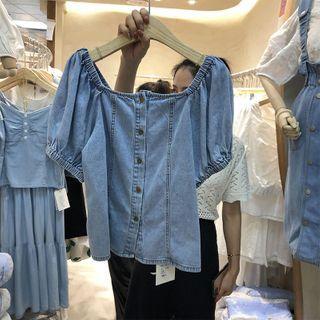 Balloon-sleeve Denim Blouse Light Blue - One Size