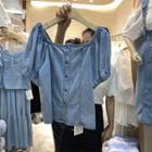 Balloon-sleeve Denim Blouse Light Blue - One Size