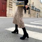 Leopard Knit A-line Long Skirt Beige - One Size