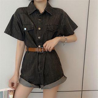 Short-sleeve Button-up Denim Romper
