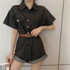 Short-sleeve Button-up Denim Romper