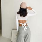 Open Back Bow Plain Long-sleeve Top