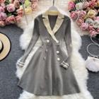 V-neck Color-block Double-breasted Knitted Dress