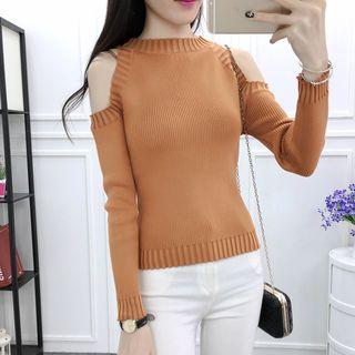 Cutout Shoulder Rib Knit Pullover